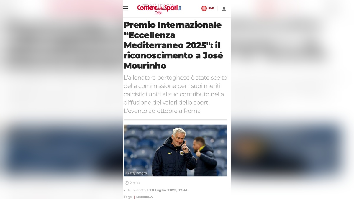 Mourinho, Roma'da 'Akdeniz Mükemmellik Ödülü'nde