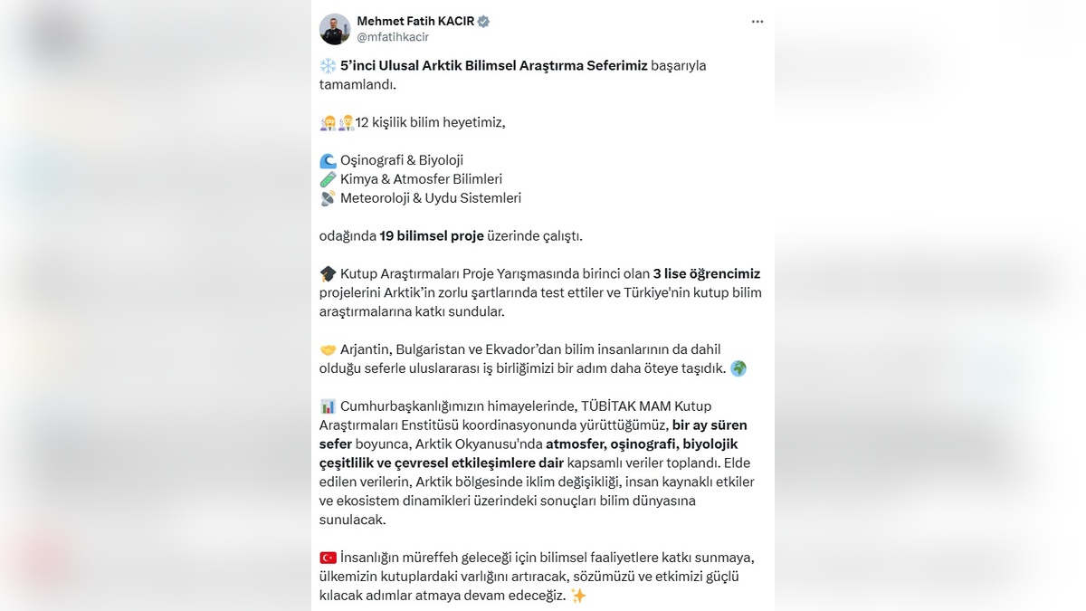 Kacır: 5'inci Ulusal Arktik Seferi başarıyla tamamlandı