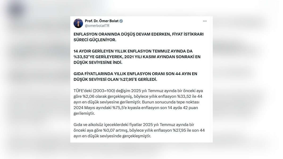 Bolat: Enflasyon yüzde 33,52'ye geriledi