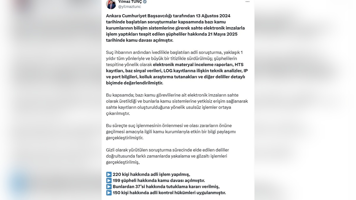 Adalet Bakanı Tunç: Sahte diploma soruşturmasında 220 kişi hakkında işlem yapıldı