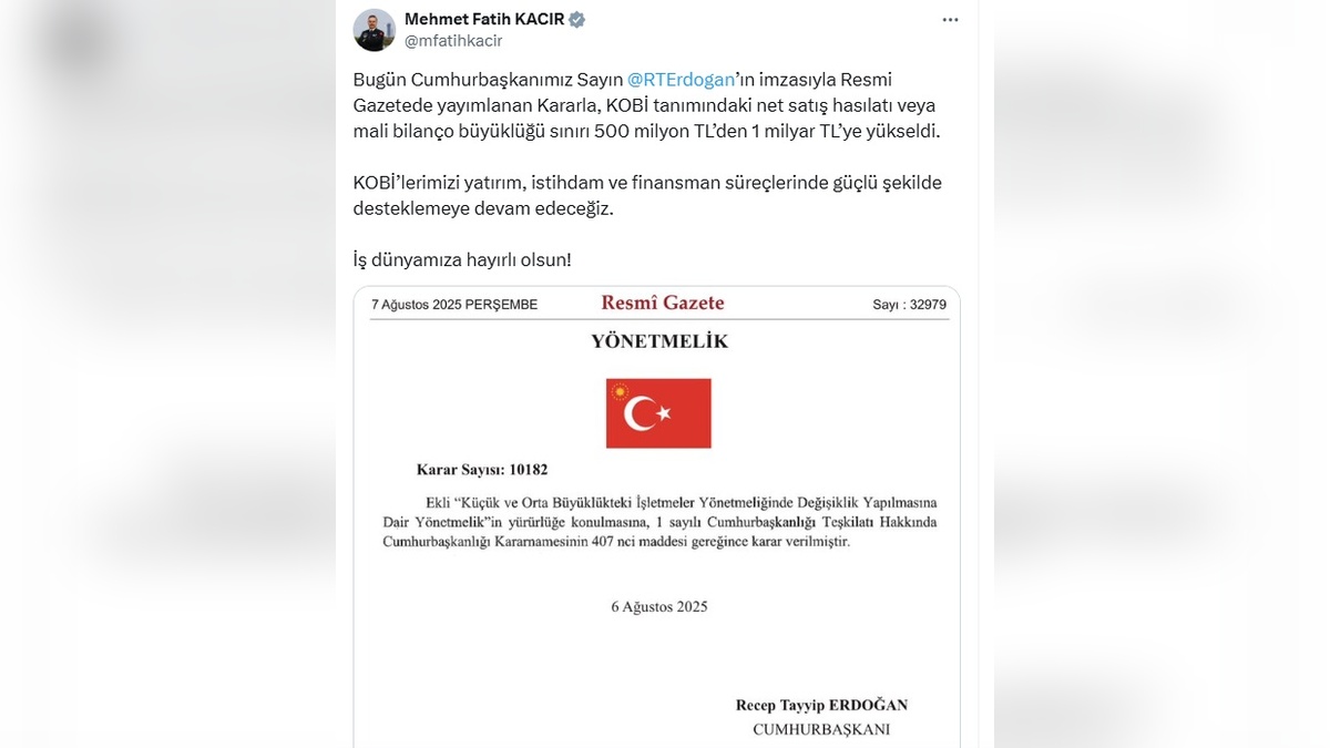 KOBİ tanımında değişiklik: Net satış hasılatı sınırı 1 milyar TL oldu