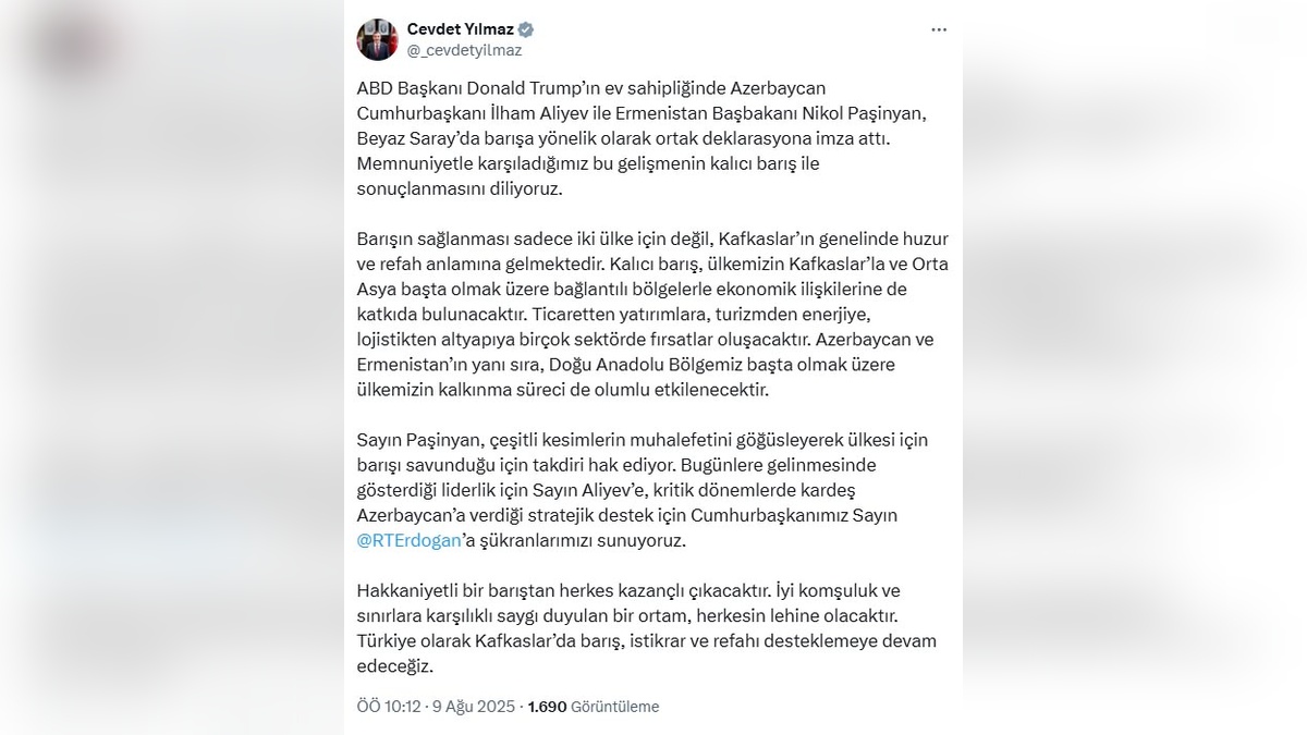 Cevdet Yılmaz: Azerbaycan-Ermenistan barış deklarasyonunu memnuniyetle karşılıyoruz