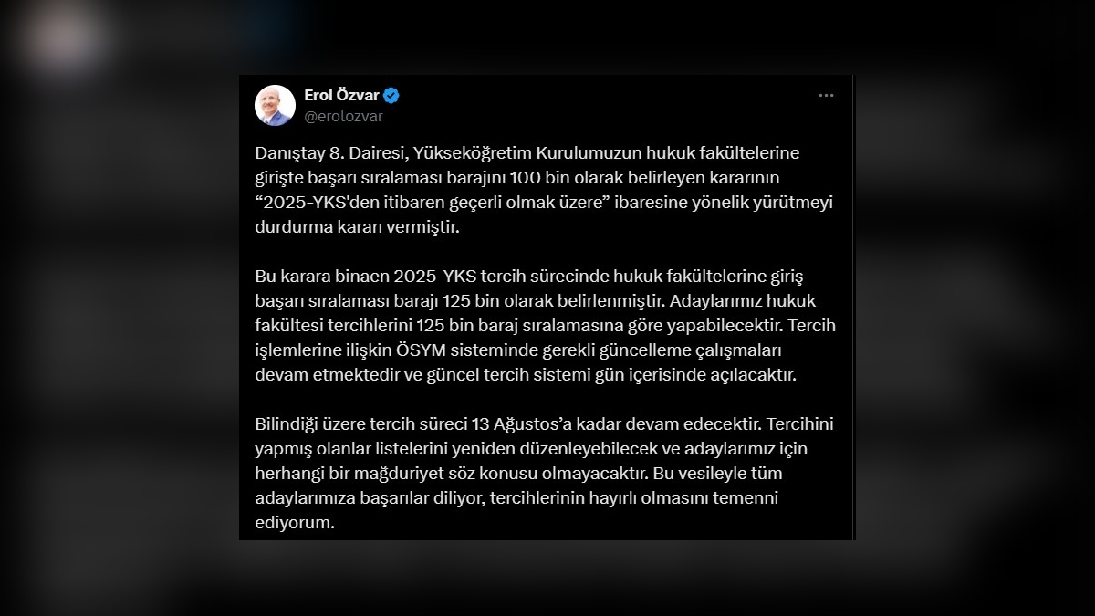 YÖK Başkanı Özvar: Hukuk fakültesi barajı 125 bin olarak belirlendi