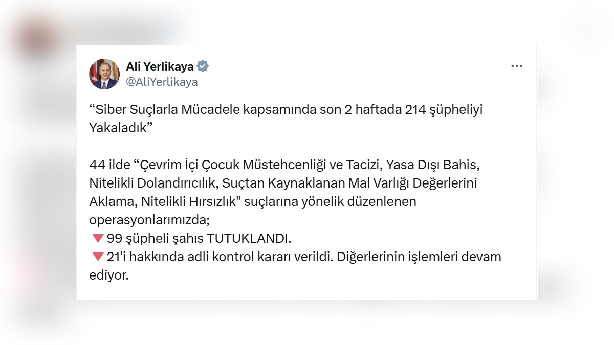 İçişleri Bakanı Yerlikaya: 44 ilde siber suç operasyonu: 214 gözaltı, 99 tutuklama
