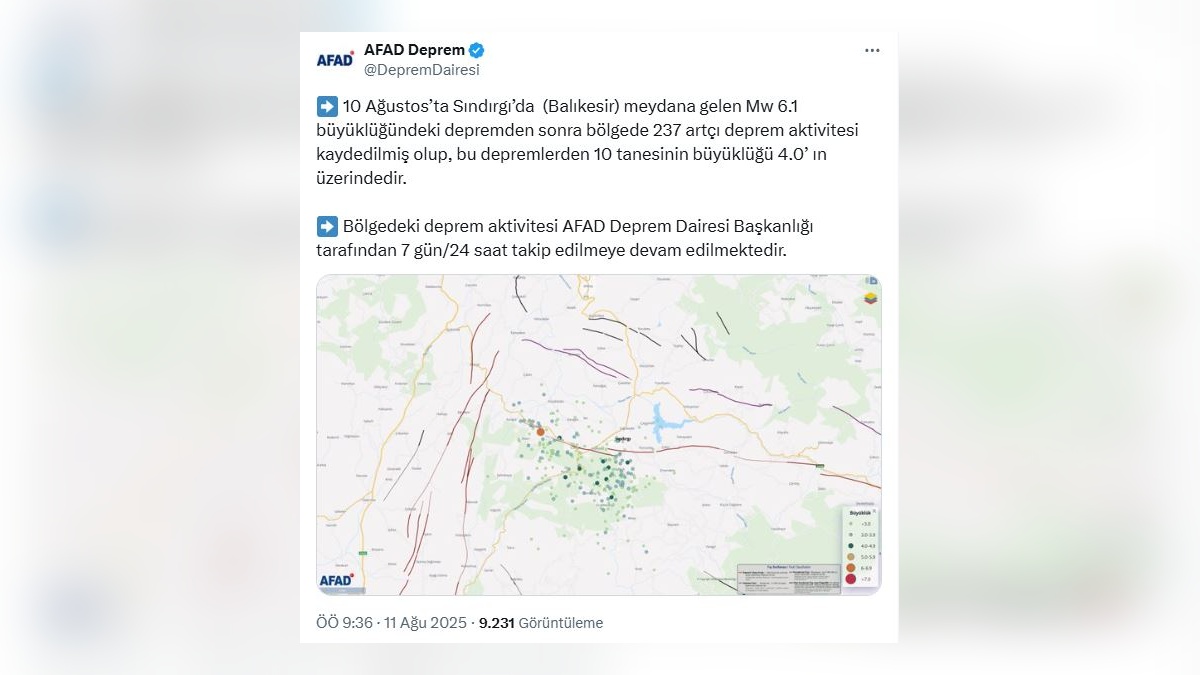 AFAD: Sındırgı depreminden sonra 237 artçı kaydedildi