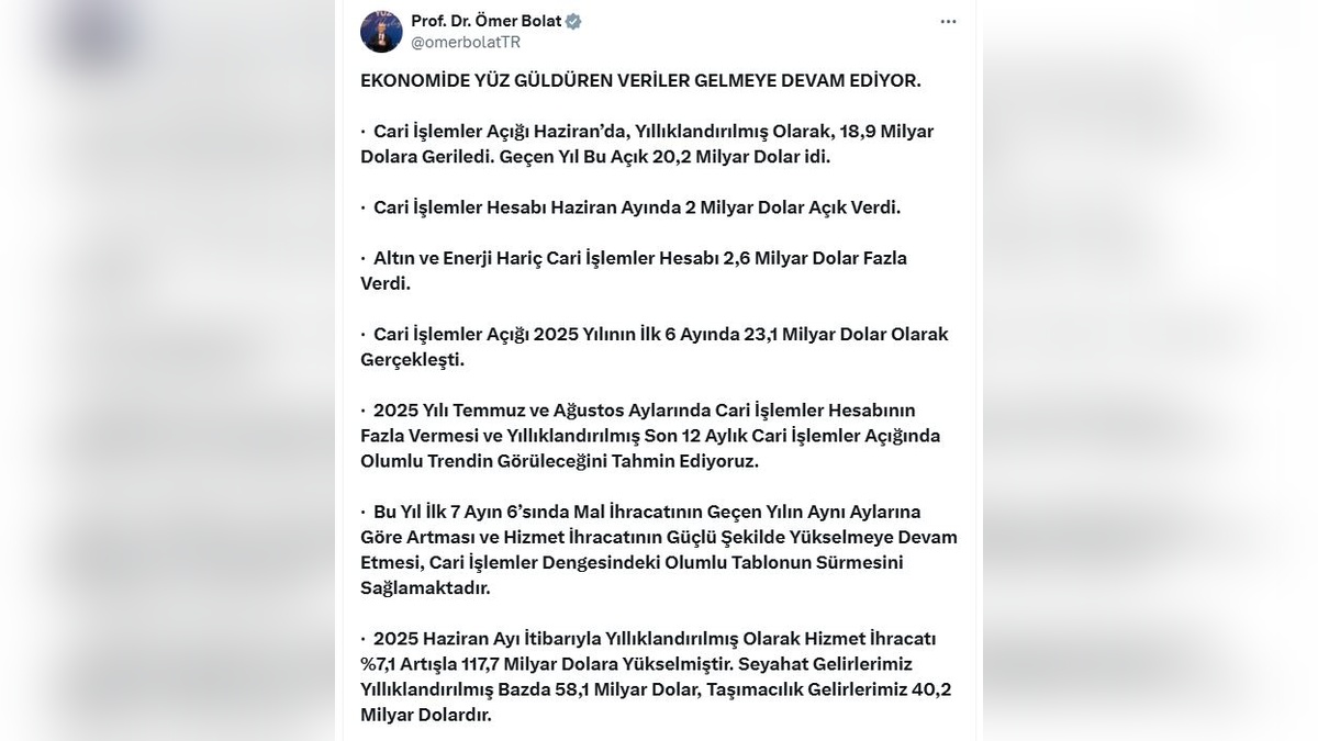 Bolat: 2025 Temmuz ve Ağustos'ta cari işlemler hesabında fazla verilecek