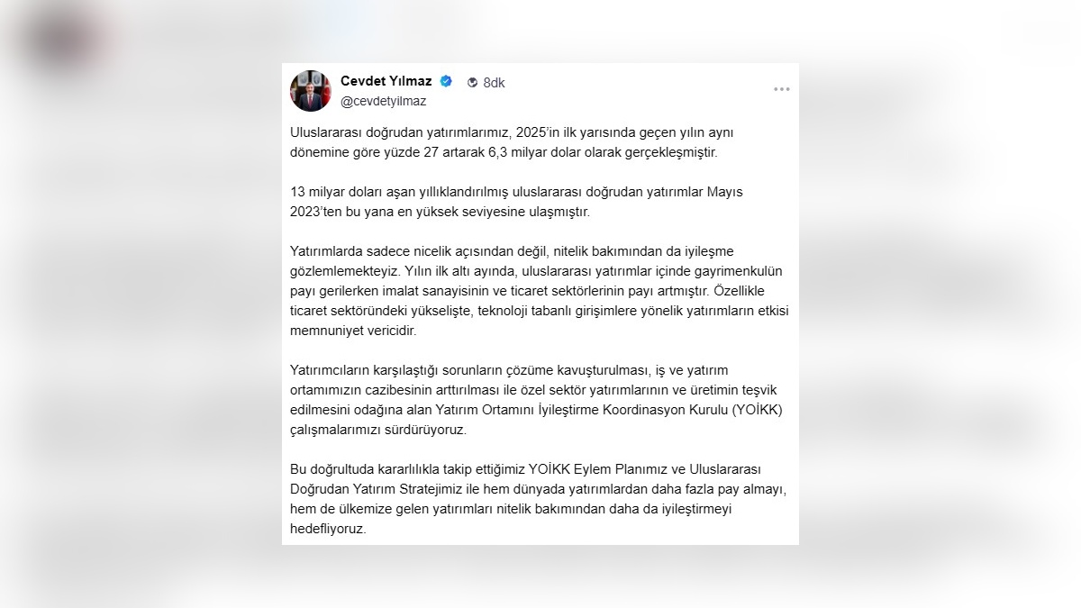 Cevdet Yılmaz: Uluslararası doğrudan yatırımlar yüzde 27 arttı