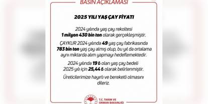 Yaş Çay Alım Fiyatı 2025'te 25,44 TL Oldu