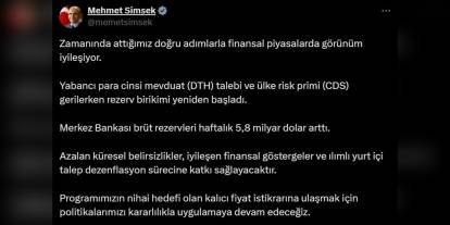 Şimşek: Finansal piyasalarda görünüm iyileşiyor, rezervler arttı