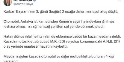 Antalya'da feci kaza: 2 ölü, 4 yaralı