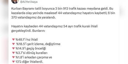 Yerlikaya: Kurban Bayramı'nda 44 ölü, 6 bin 370 yaralı