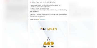 Eti Maden'e 469 sürekli işçi alımı