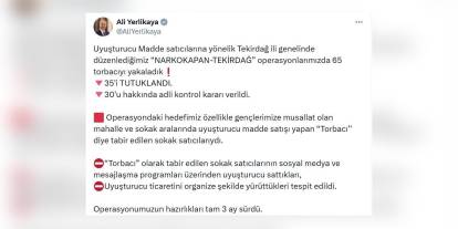 İçişleri Bakanı Yerlikaya: Tekirdağ'da 65 'torbacı' yakalandı