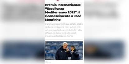 Mourinho, Roma'da 'Akdeniz Mükemmellik Ödülü'nde