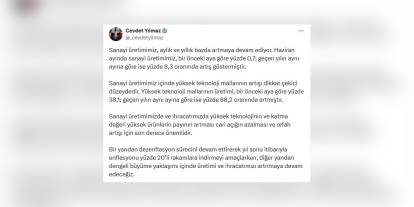 Yılmaz: Haziran'da sanayi üretimi yüzde 8,3 arttı