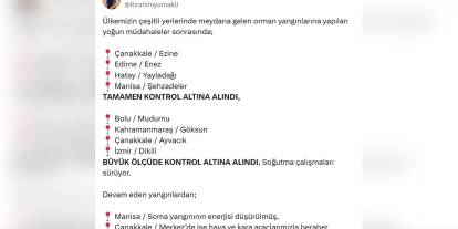 Tarım ve Orman Bakanı Yumaklı: 4 orman yangını tamamen, 4'ü büyük ölçüde kontrol altında
